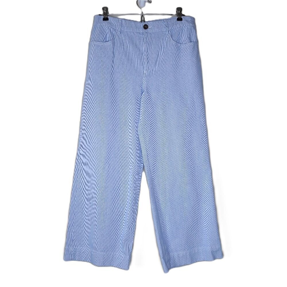 J. Crew Factory Blue Micro-Stripe Wide Leg Cropped Pants Preppy Minimalist